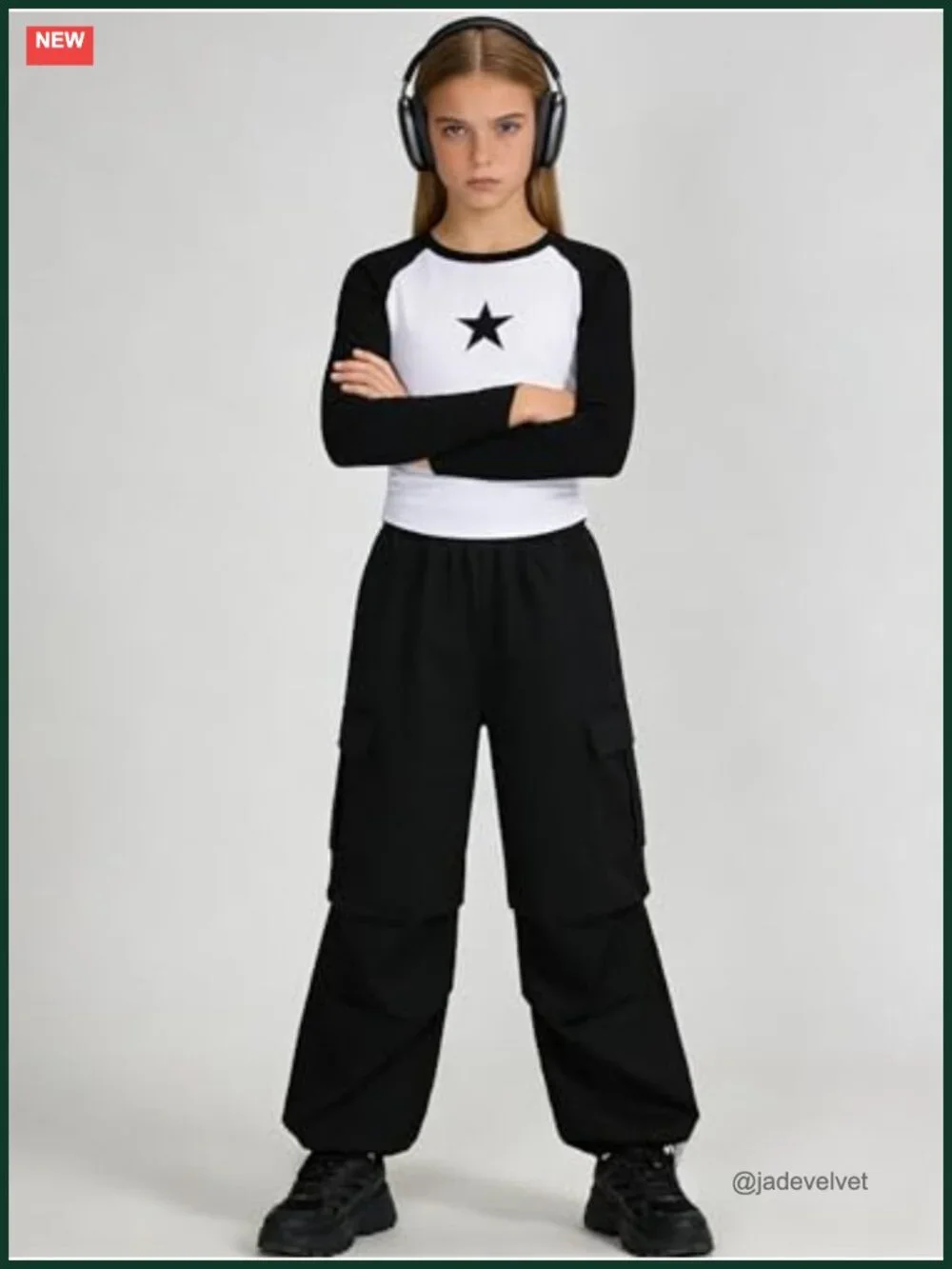 Girls Star Print Top & Cargo Pants Set Long Sleeve Tween Outfit